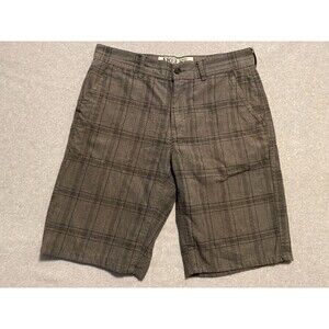 Free World Chino Shorts Men 32 Gray Denim Cotton Plaid Slash Pockets Medium Wash